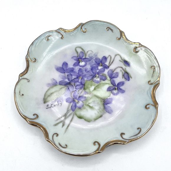 Unbranded Other - Hand Painted Artist Signed Plate By S. Curry Floral Violet Blossoms Vintage Gold